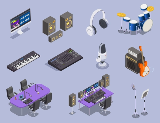 Radio studio equipment icons set with keyboard and guitar isometric isolated vector illustration