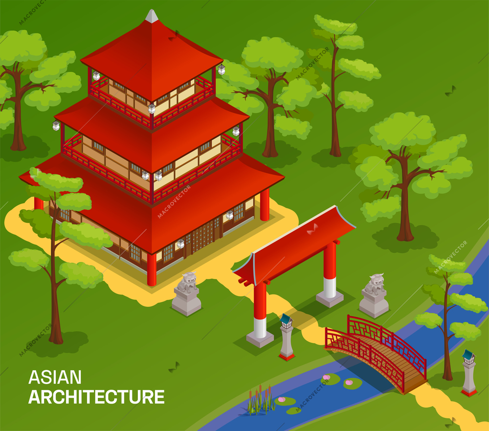 Asian buildings poster with oriental architecture symbols isometric vector illustration