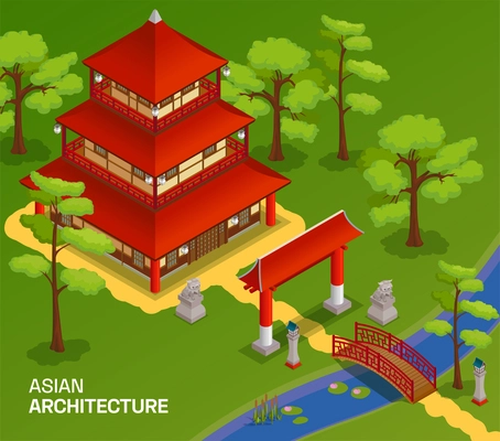 Asian buildings poster with oriental architecture symbols isometric vector illustration