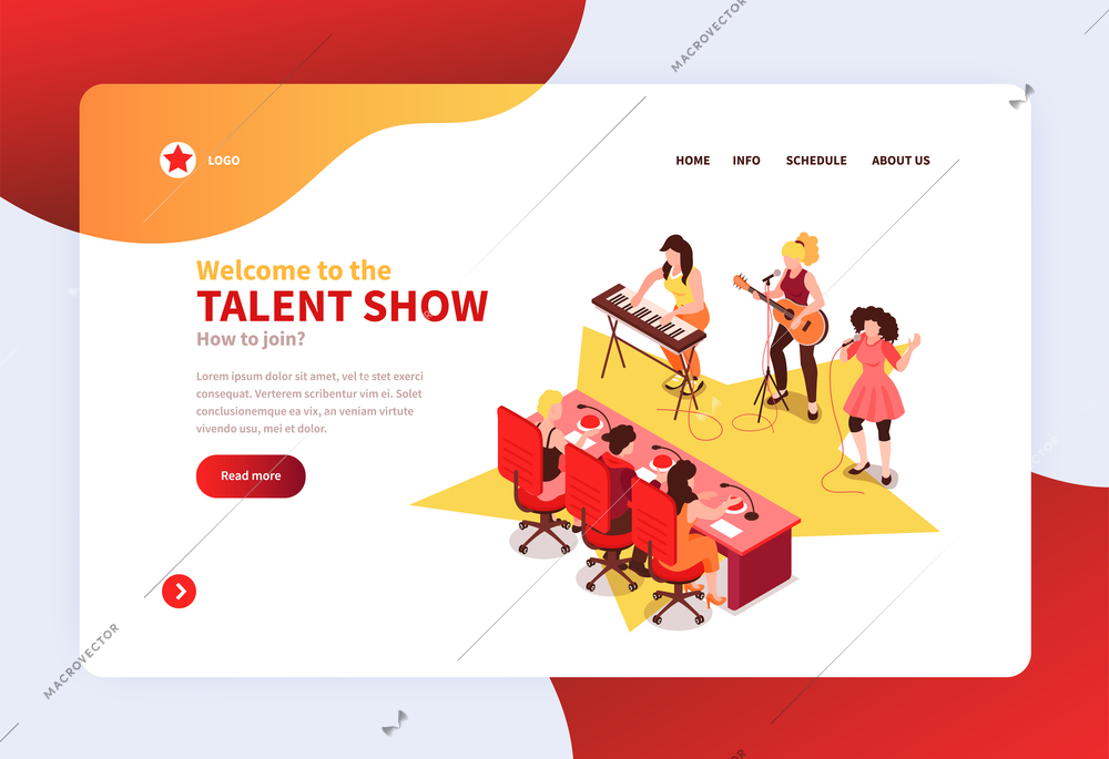 Joint talent show concept isometric   horizontal web banner with rock band contestants performing before judges vector illustration