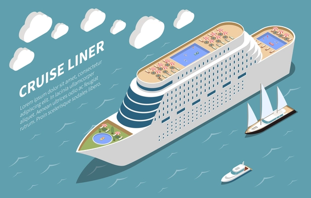 Modern luxurious ocean cruise line ship in coastal waters isometric view sea tours advertising text vector illustration