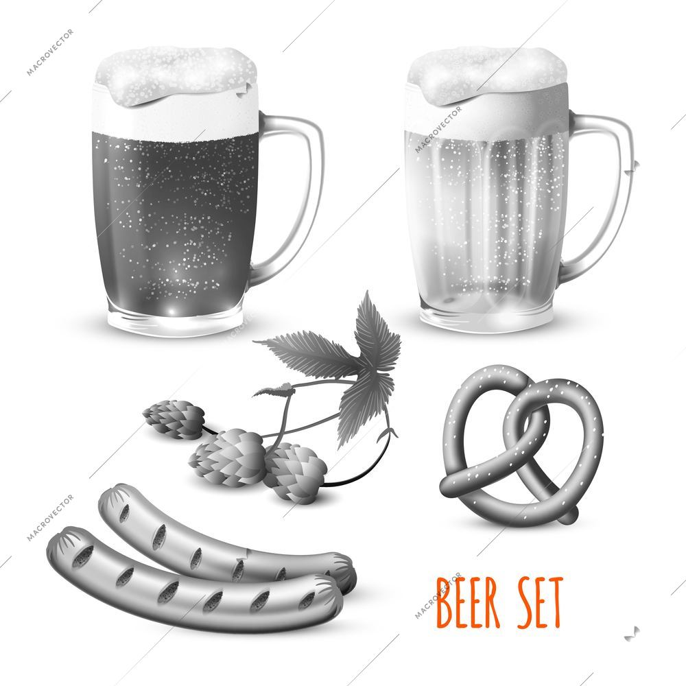 Glass mugs of beer hop pretzel and sausage snacks black and white decorative set vector illustration.