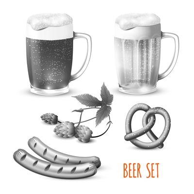 Glass mugs of beer hop pretzel and sausage snacks black and white decorative set vector illustration.
