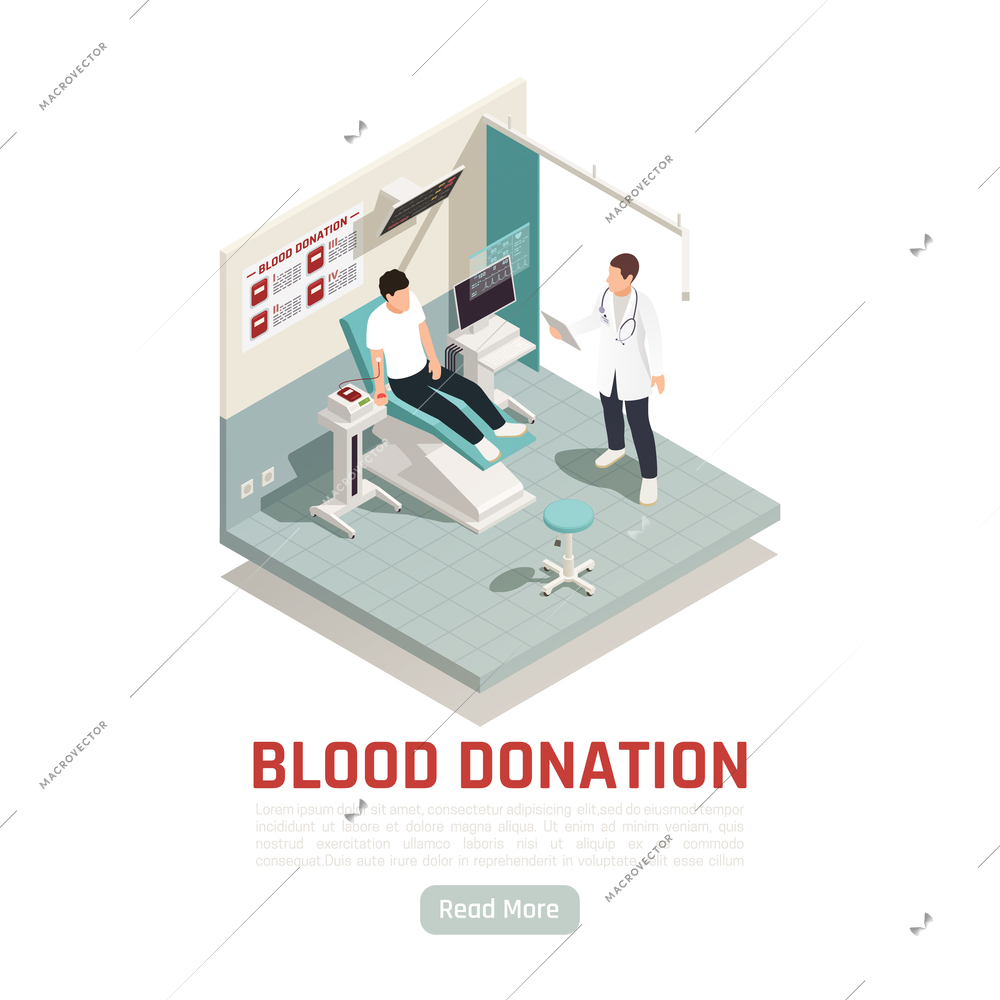 Charity donation volunteering isometric background with read more button and editable text with blood donation process vector illustration
