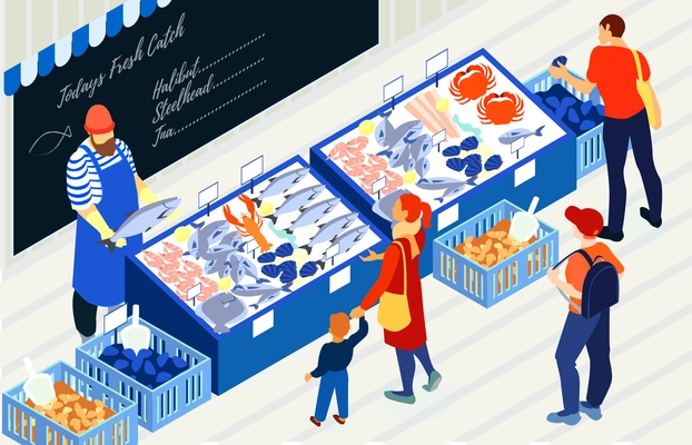 Consumers choosing products at farm market fish shop 3d isometric vector illustration