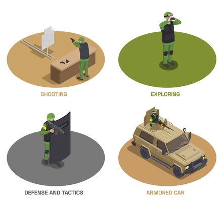 Army weapons soldier isometric set of four round compositions with armed special forces members and car vector illustration