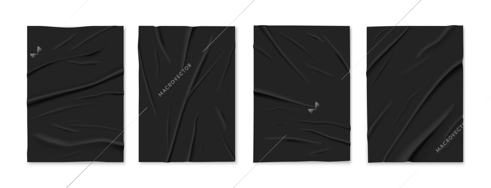 Badly glued wrinkled crumpled 4 black paper foil sheets templates set white background isolated realistic vector illustration