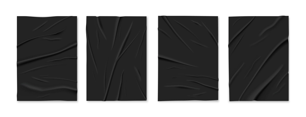 Badly glued wrinkled crumpled 4 black paper foil sheets templates set white background isolated realistic vector illustration