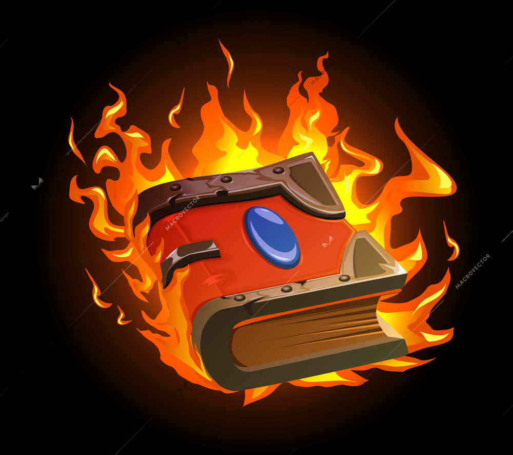 Burning magic book cartoon concept with ancient manuscript symbols vector illustration