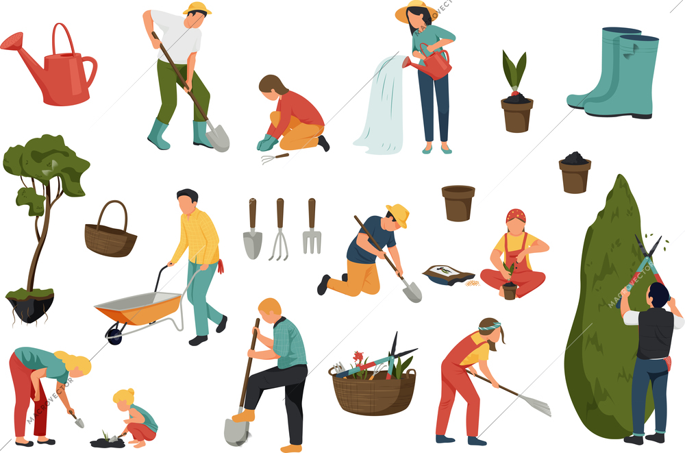 Set with isolated spring gardening flat recolor icons of gardening instruments and human characters of workers vector illustration