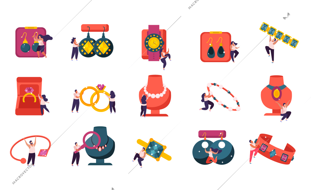 Jewelry flat recolor set with isolated compositions of icons and human characters with items of value vector illustration