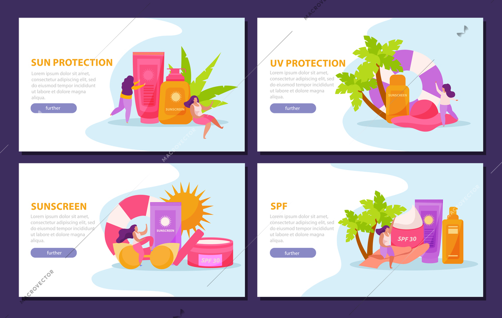 Sunscreen skin care flat 4x1 set of horizontal banners with clickable buttons editable text and images vector illustration