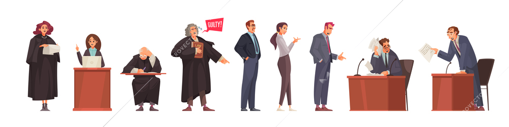 Lawyer set with isolated doodle style human characters of court session participants with attorneys and judges vector illustration