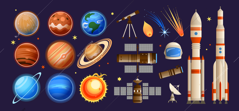 Space background set with isolated essential elements with colourful planets stars orbital stations infrastructure and rockets vector illustration