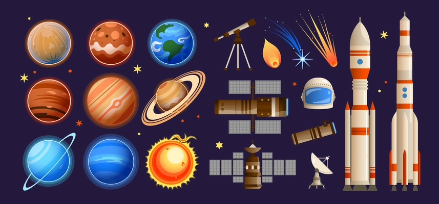 Space background set with isolated essential elements with colourful planets stars orbital stations infrastructure and rockets vector illustration