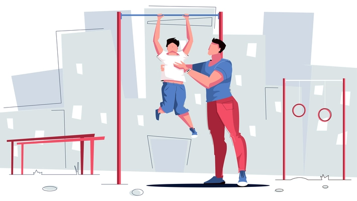 Sport dad horizontal bar flat composition with sports ground scenery cityscape background and family human characters vector illustration