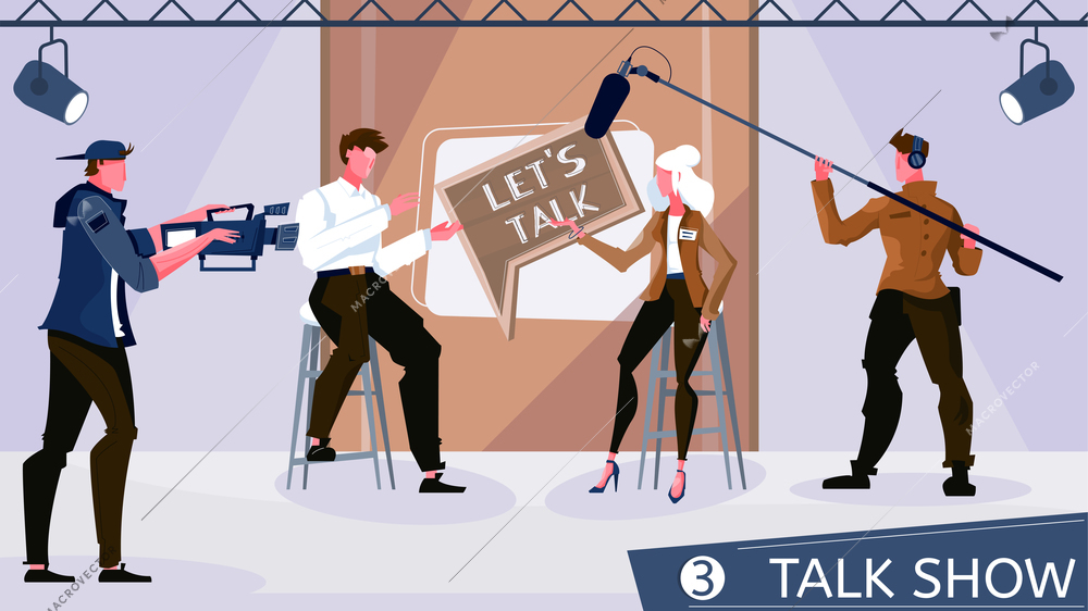 News backstage flat composition with the setting for the television talk show vector illustration