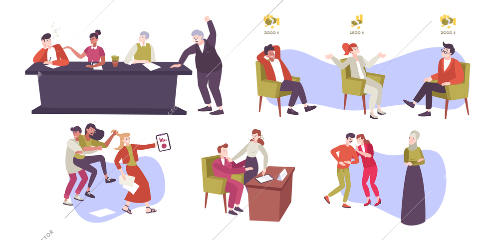 Work conflict flat set of isolated icons and doodle style human characters of coworkers in argue vector illustration