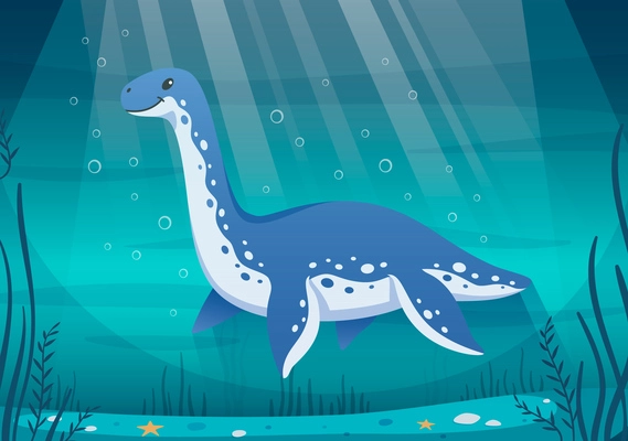 Dinosaurs cartoon composition with underwater scenery rays of sunlight bubbles and character of dinosaur shaped oceanophilus vector illustration