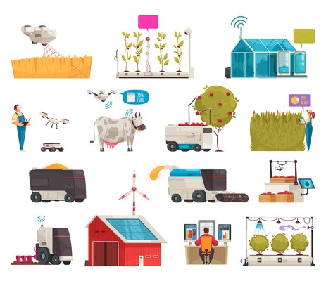 Smart farm set with isolated icons of plants with robots people farm buildings and power supplies vector illustration