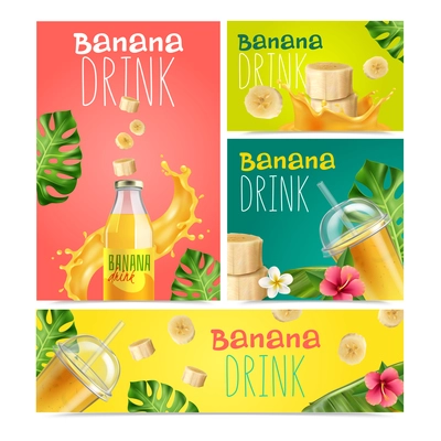 Banana drink realistic banners set of fruit slices bottle and glasses with sweet beverage vector illustration