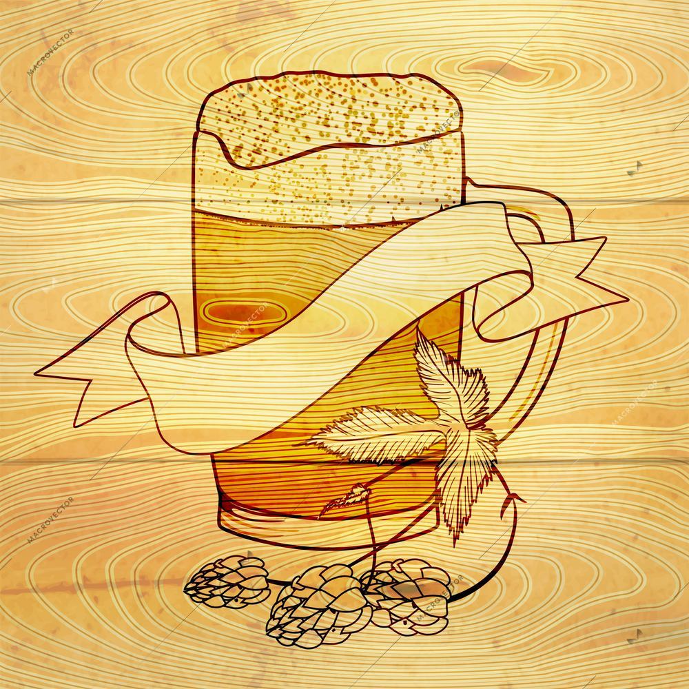 Glass mug of cold beer with foam and hop branch on wooden background vector illustration.