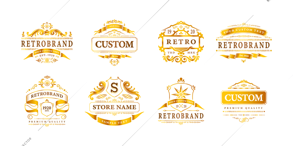 Retro vintage design label luxury logos set of eight isolated logotypes with editable text and frames vector illustration