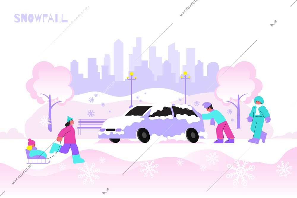 Snowfall in city and walking people flat vector illustration