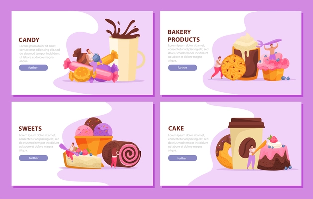 Sweets and people concept icons set with candy and cake symbols flat isolated vector illustration