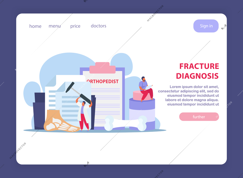 Orthopedics clinic page design with fracture treatment symbols flat vector illustration