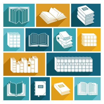 Open and closed book collected works decorative icons flat set isolated vector illustration.