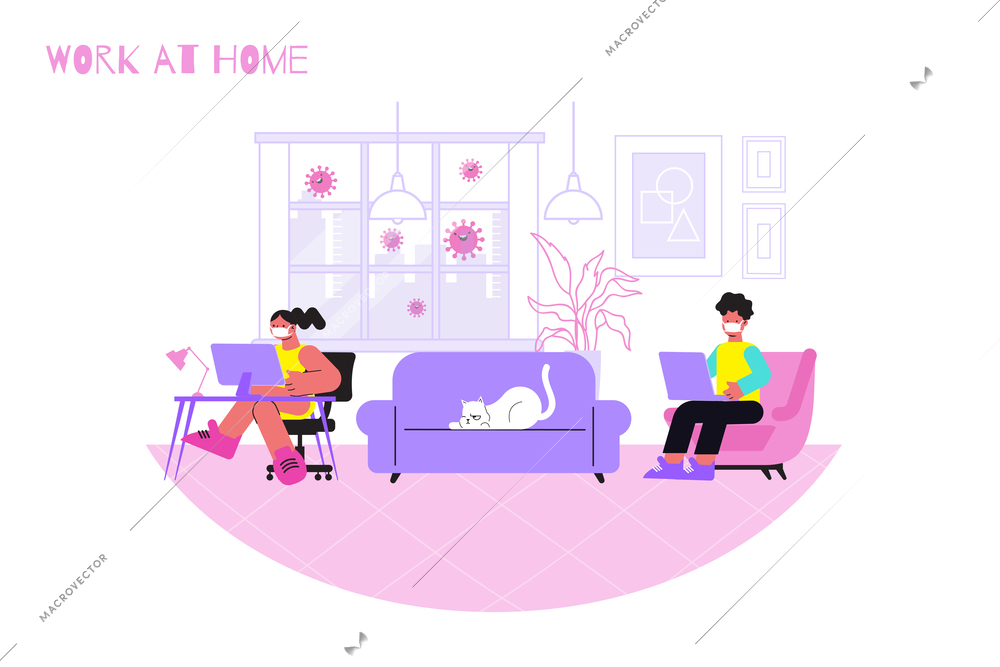 Quarantine home work coronavirus flat composition with text and indoor scenery with coworking persons in masks vector illustration