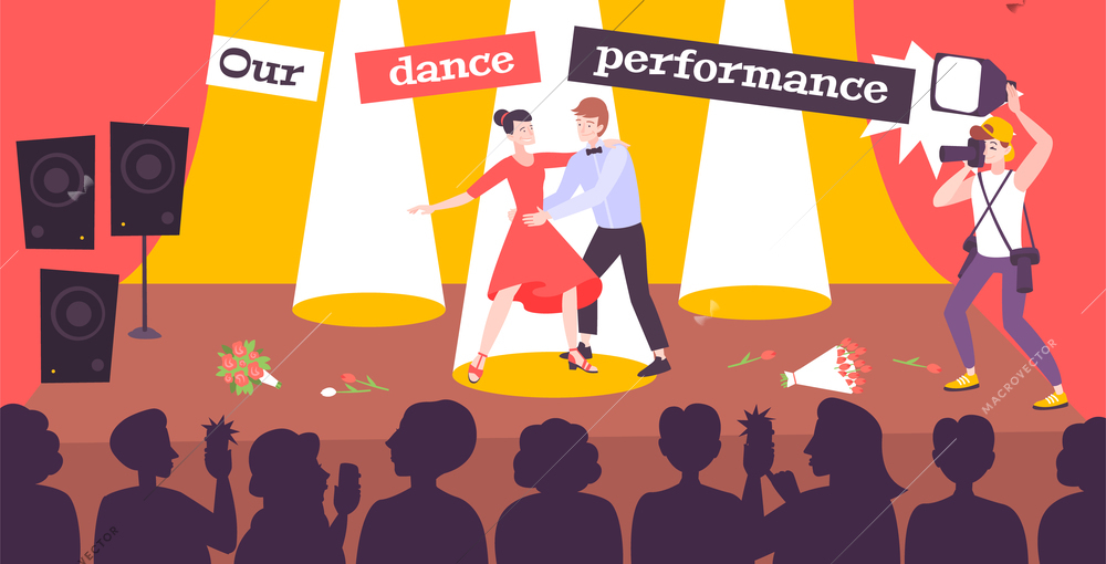 Dance performance in ballroom with guy and girl dancing on auditorium scene in front of   audience flat vector illustration