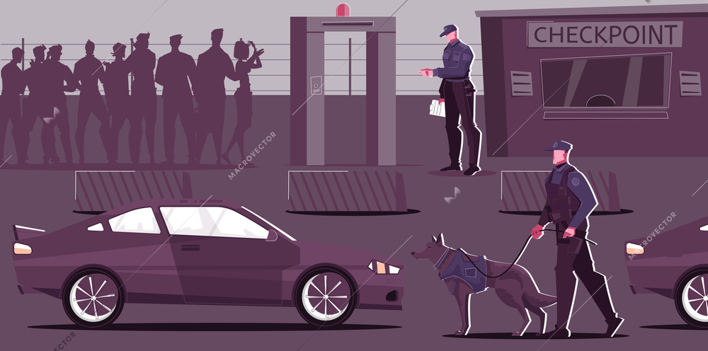 Customs control zone flat composition with view of outdoor border inspection post with pedestrians and automobiles vector illustration