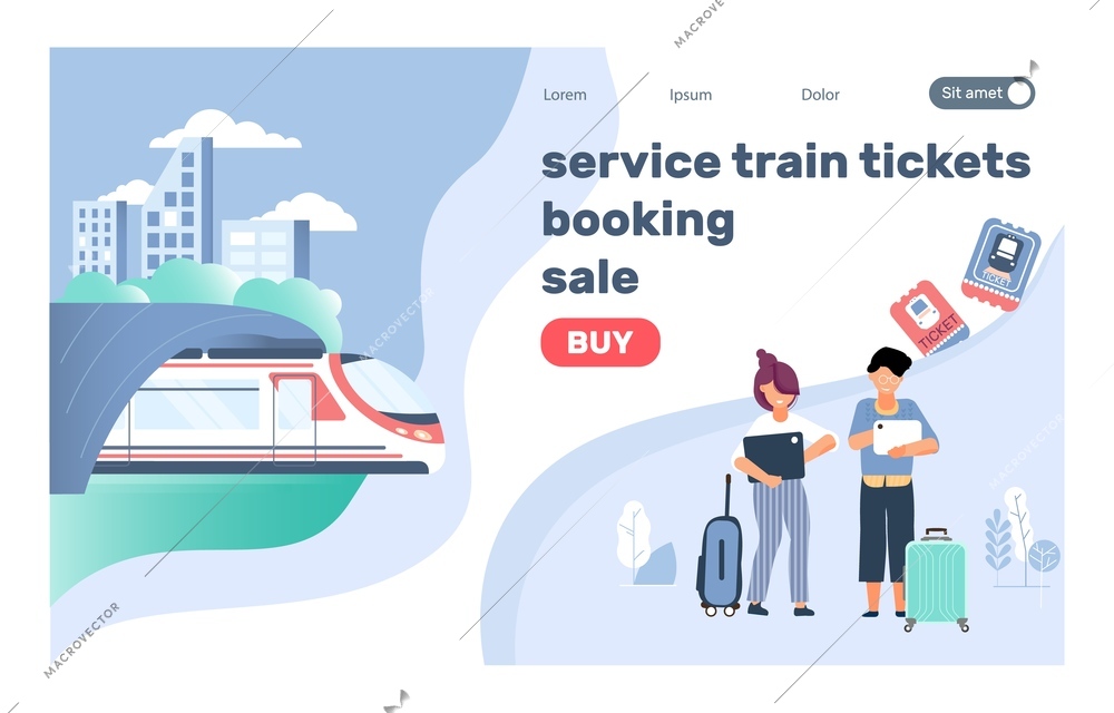 Railway ticket online landing page website with buy button clickable links and images of train passengers vector illustration