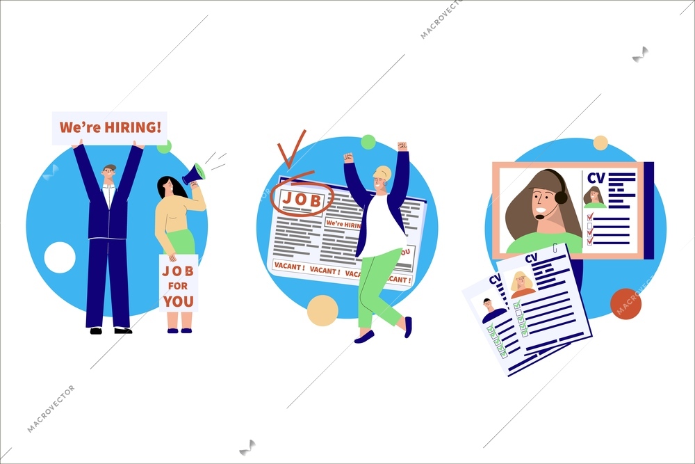 Employment set with isolated round compositions of flat characters approved cv candidates profile and advertising placards vector illustration