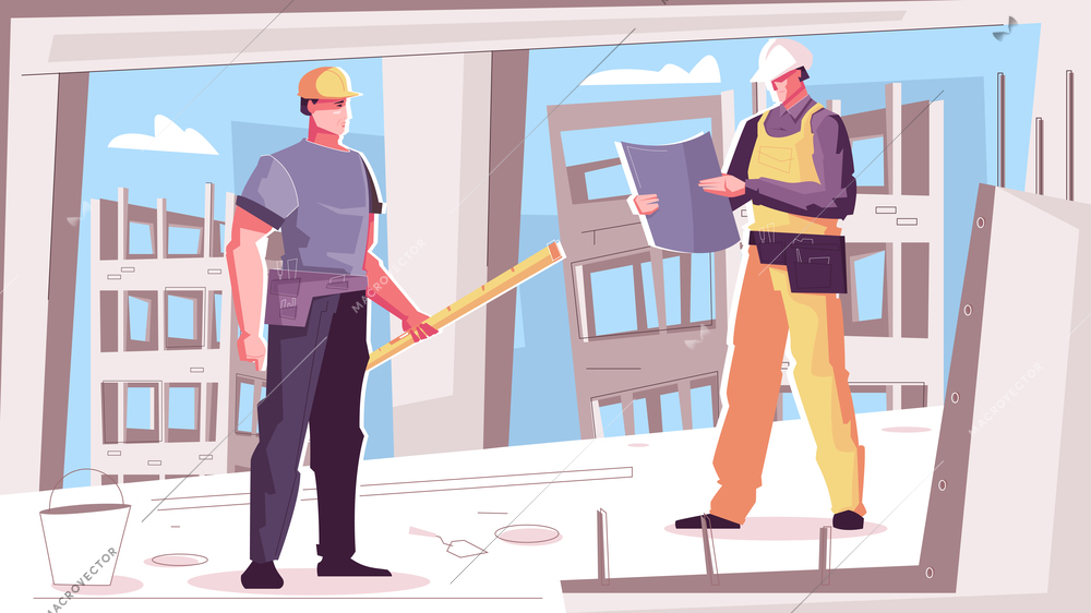 Flat colored new building construction composition two construction workers are reading blueprints vector illustration