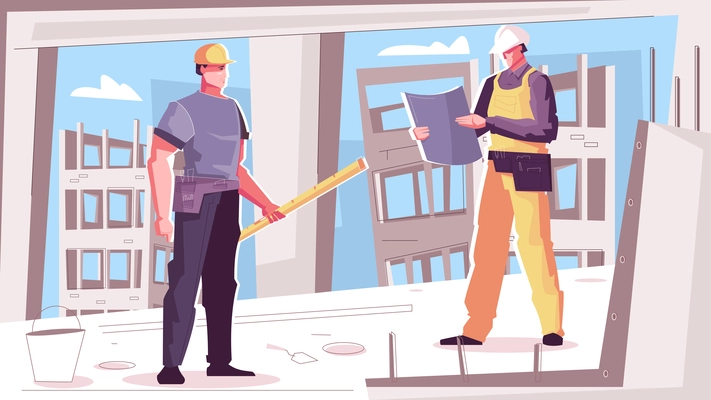 Flat colored new building construction composition two construction workers are reading blueprints vector illustration