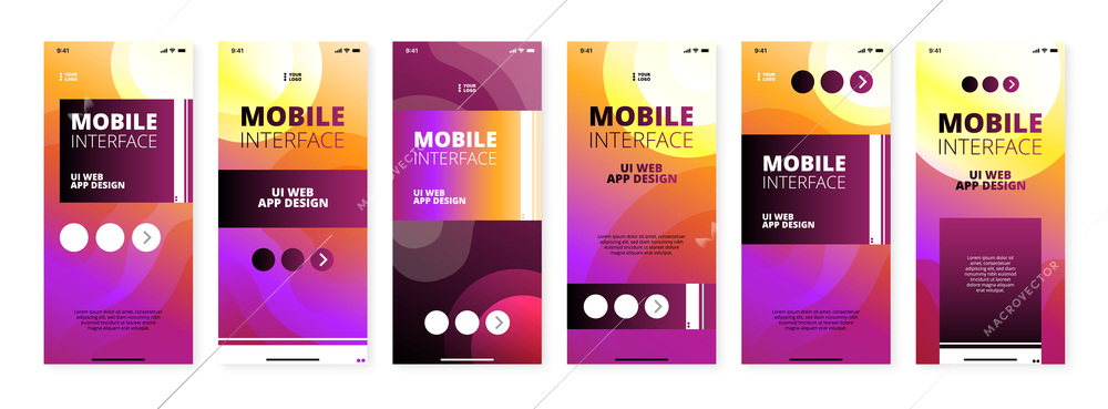 Vertical template mobile interface UI web app design set with multicolored gradient vector illustration