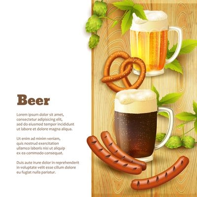 Glass mugs of beer hop pretzel and sausage snacks decorative border vector illustration.