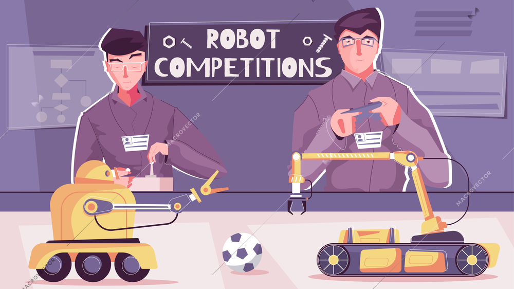 Robot competition flat composition with characters of scientist students controlling their vehicle manipulator robots playing football vector illustration