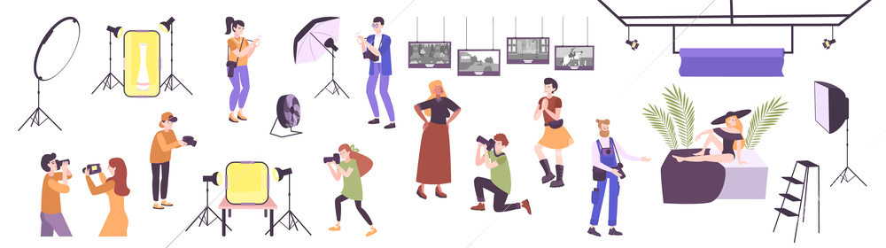 Photo school collection of flat icons and isolated images of photography course students with professional equipment vector illustration