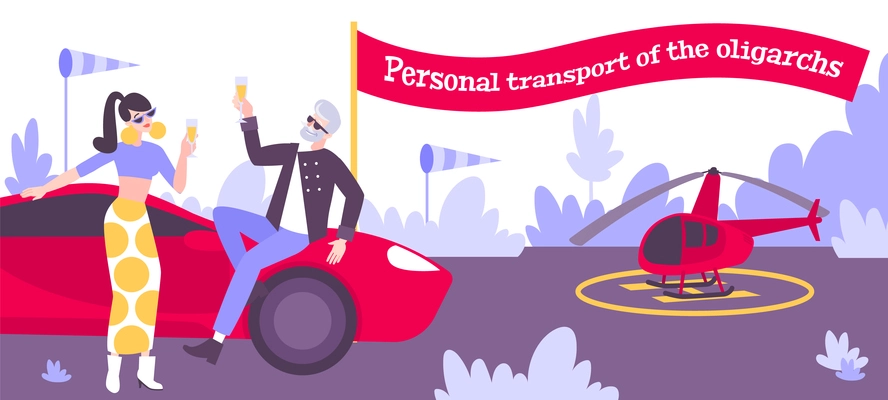 Personal transport of oligarchs flat background with personal helicopter and expensive car vector illustration