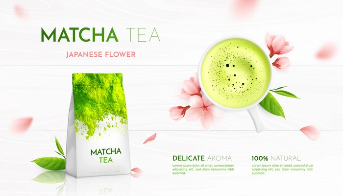 Matcha tea advertising realistic background with composition of flowers leaves and tea cup with product packaging vector illustration