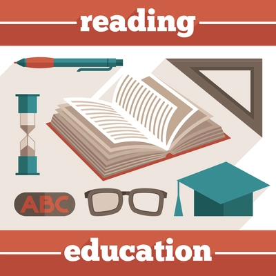 Reading education icons set with book and stationery isolated vector illustration