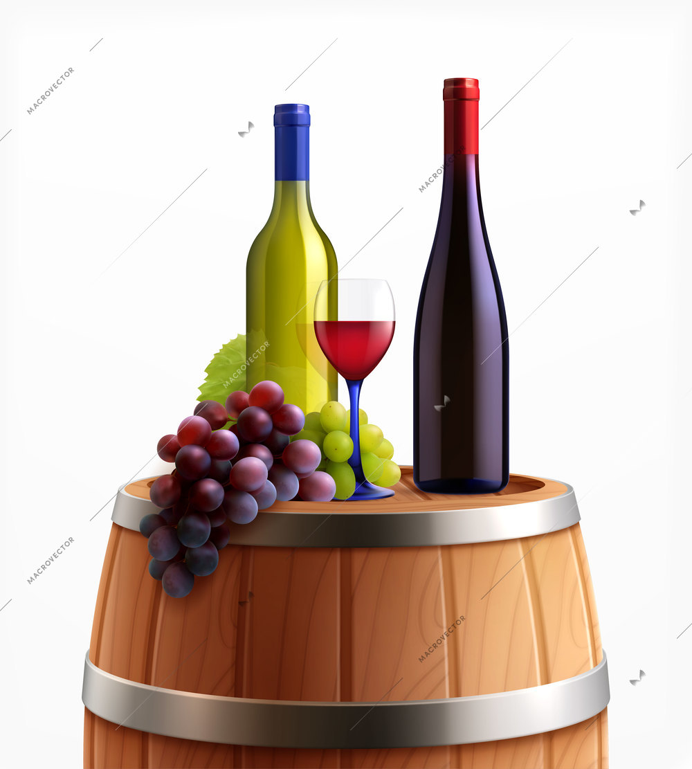 Wine on wooden barrel realistic composition with bottles glass and bunch of grapes on barrel top vector illustration