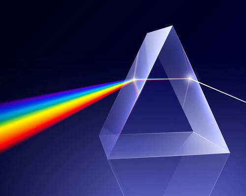 Prism light spectrum realistic composition with 3d image of bevelled glass and rainbow ray coming through vector illustration