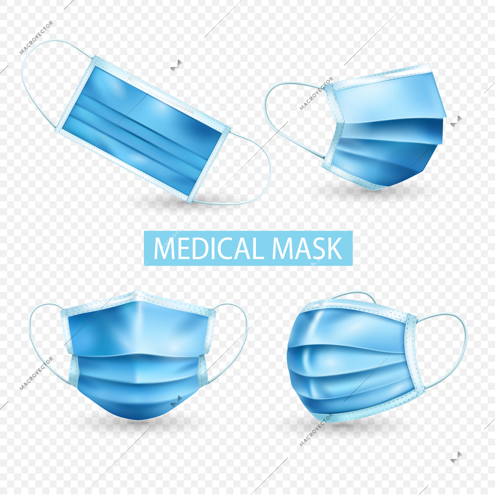 Realistic medical mask transparent icon set with different shape of light blue masks vector illustration