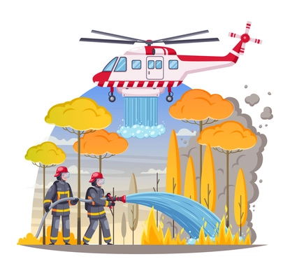 Firefighters cartoon composition with outdoor landscape and burning forest with firemen and helicopter putting blaze out vector illustration