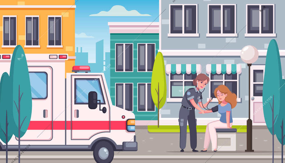 Paramedic emergency ambulance cartoon composition with modern city landscape and doctor doing blood pressure of person vector illustration